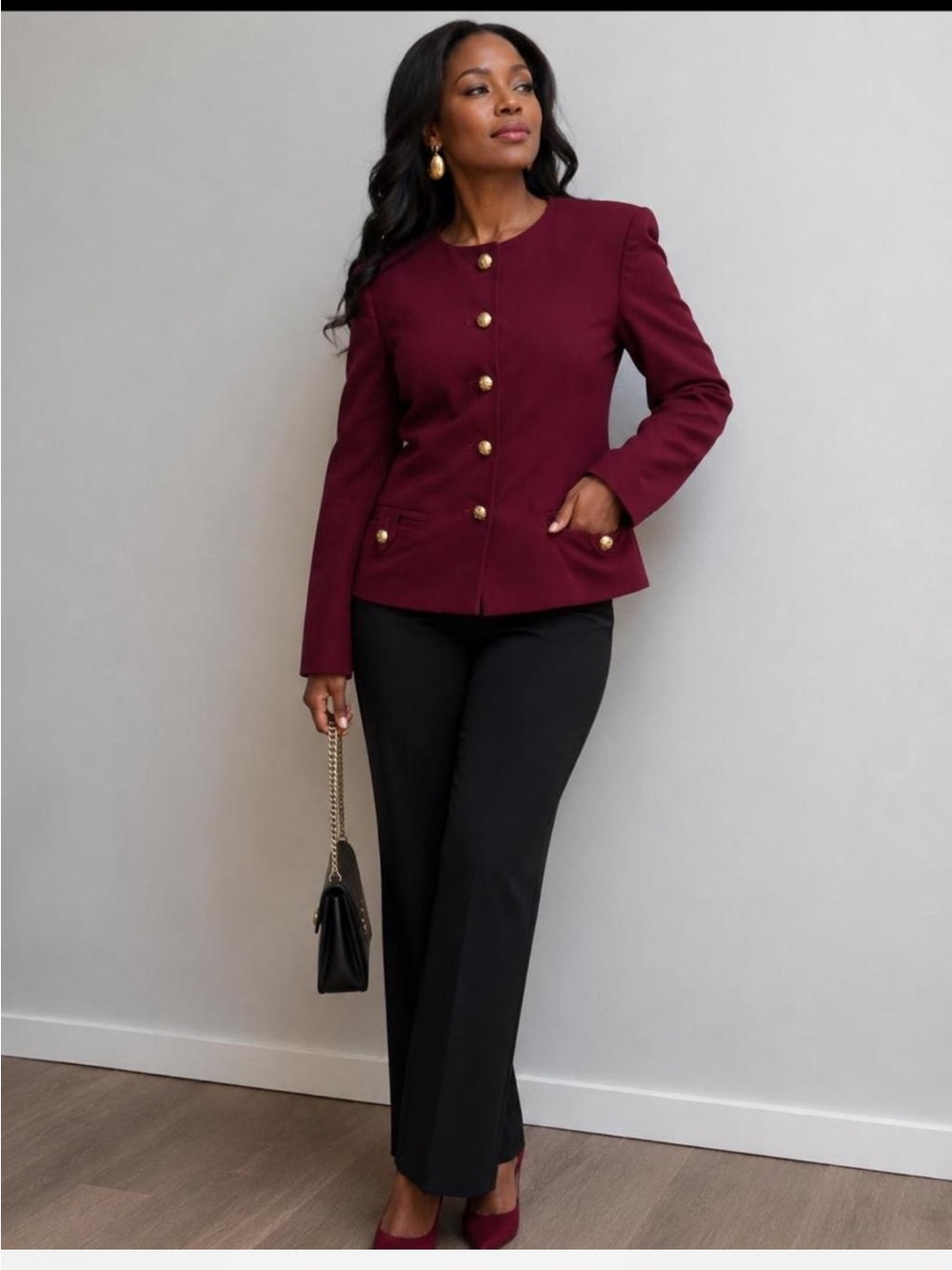 Vintage Herbert Grossman Burgundy Wool Collarless Blazer Jacket Gold Buttons Siz